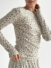 Ribbed knitted suit wide pants + longsleeves milky with flower