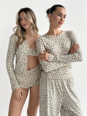 Ribbed knitted suit wide pants + longsleeves milky with flower