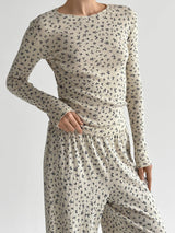 Ribbed knitted suit wide pants + longsleeves milky with flower