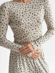 Ribbed knitted suit wide pants + longsleeves milky with flower