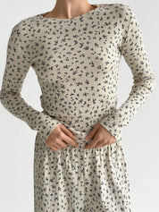 Ribbed knitted suit wide pants + longsleeves milky with flower