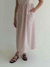 Cotton sundress, thin stripe, with patch pockets, powder/milk