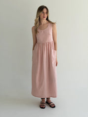Cotton checkered sundress with patch pockets, powder/milk