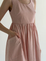 Cotton checkered sundress with patch pockets, powder/milk