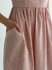 Cotton checkered sundress with patch pockets, powder/milk