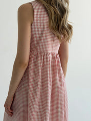 Cotton checkered sundress with patch pockets, powder/milk