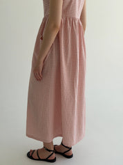 Cotton checkered sundress with patch pockets, powder/milk