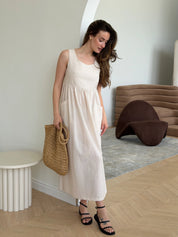 Cotton sundress, thin stripe, with patch pockets, beige/milk