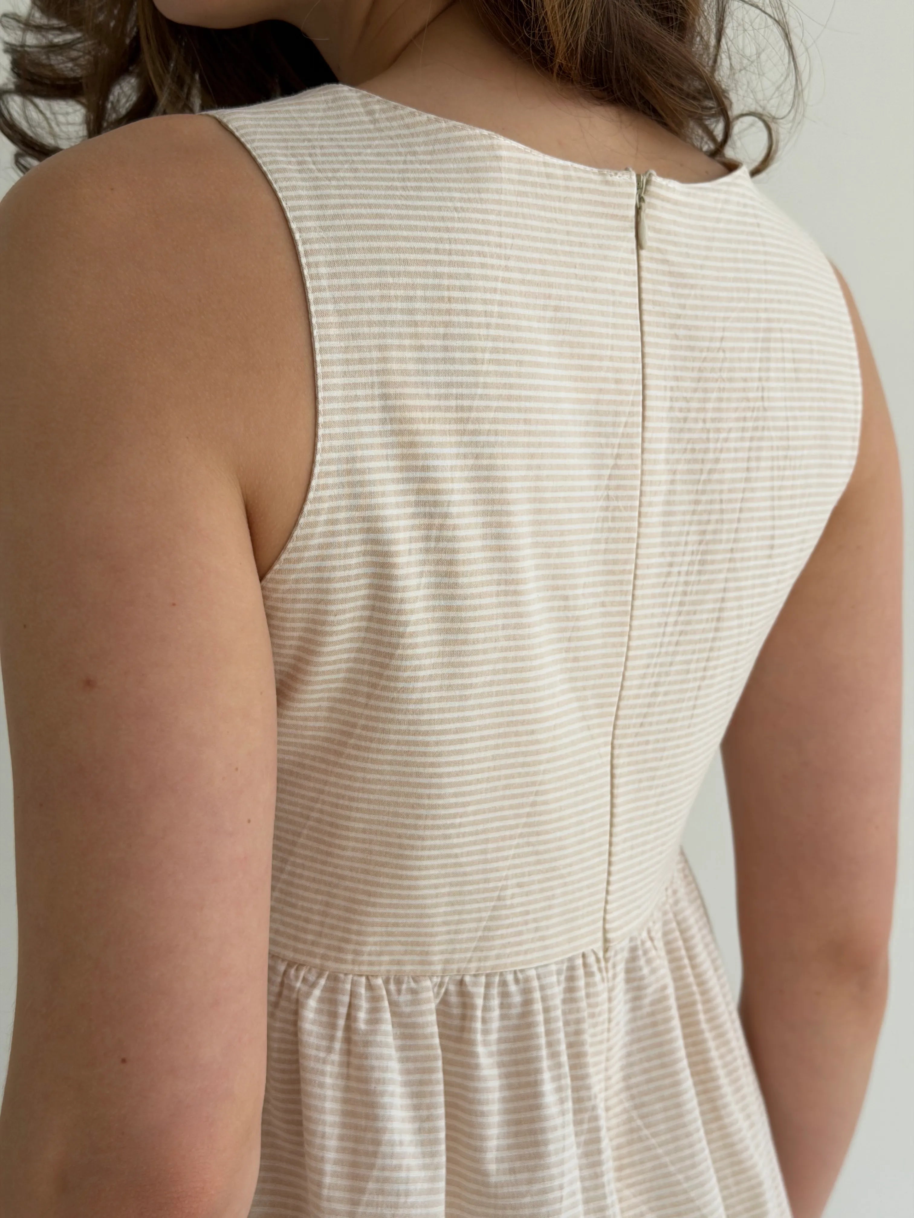 Cotton sundress, thin stripe, with patch pockets, beige/milk