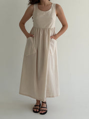 Cotton sundress, thin stripe, with patch pockets, beige/milk