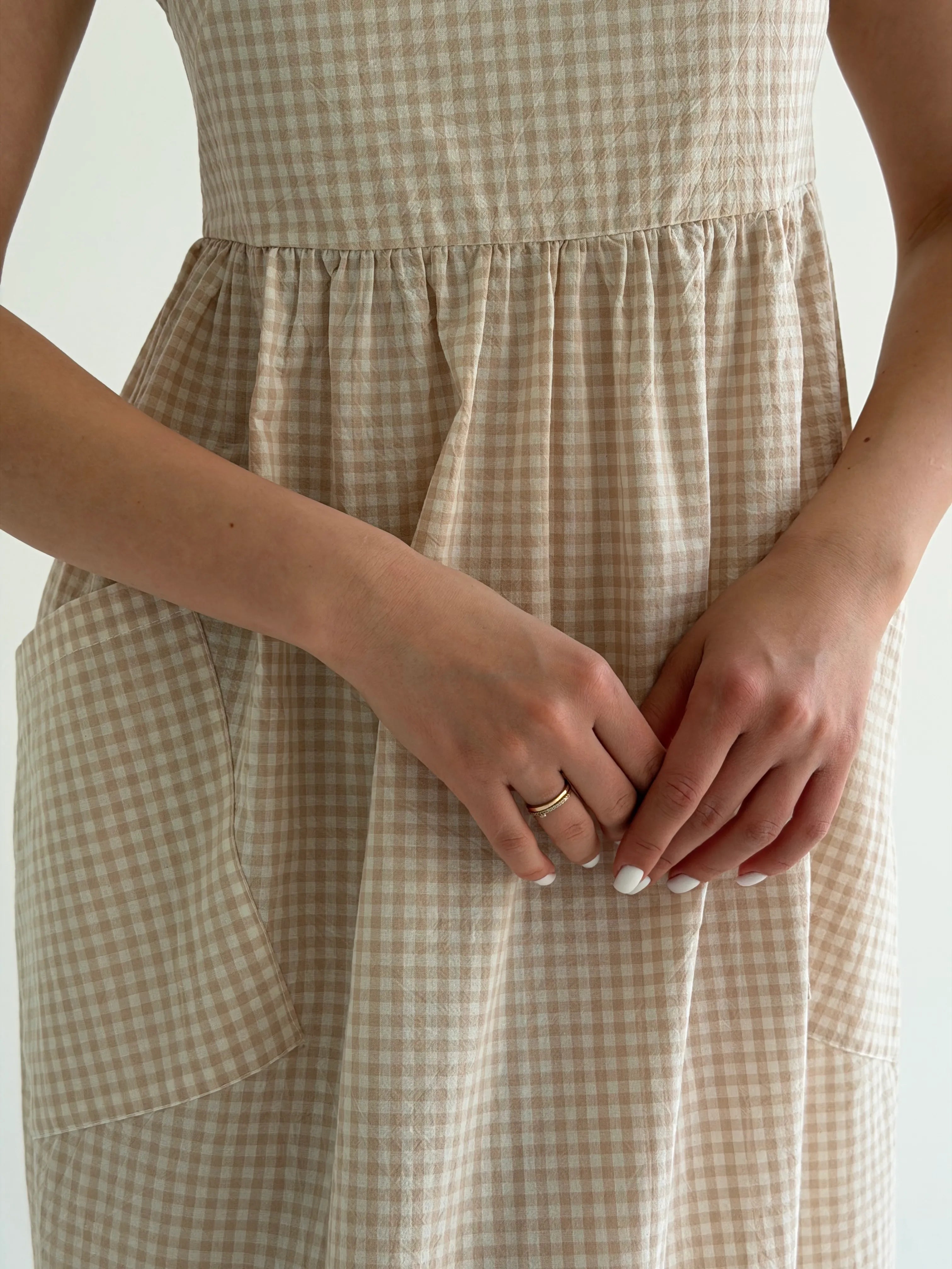 Cotton checkered sundress with patch pockets, beige/milk