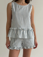 Cotton T-shirt and shorts suit “turquoise stripe on milk”