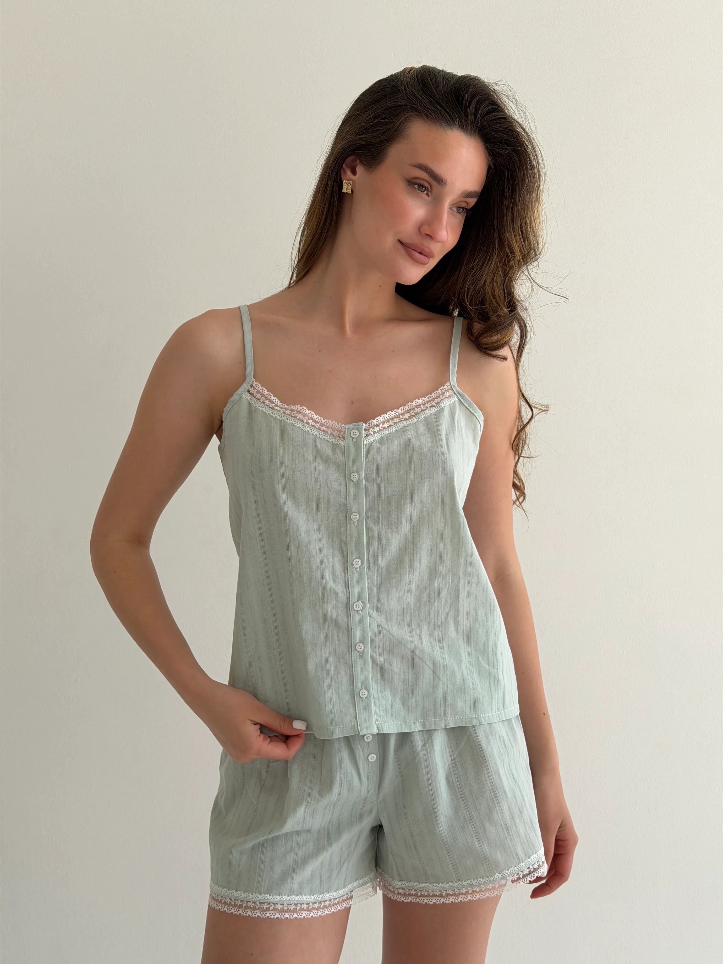 T-shirt and shorts suit with lace, cambric, small braid, olive