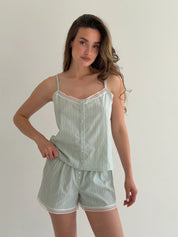 T-shirt and shorts suit with lace, cambric, small braid, olive