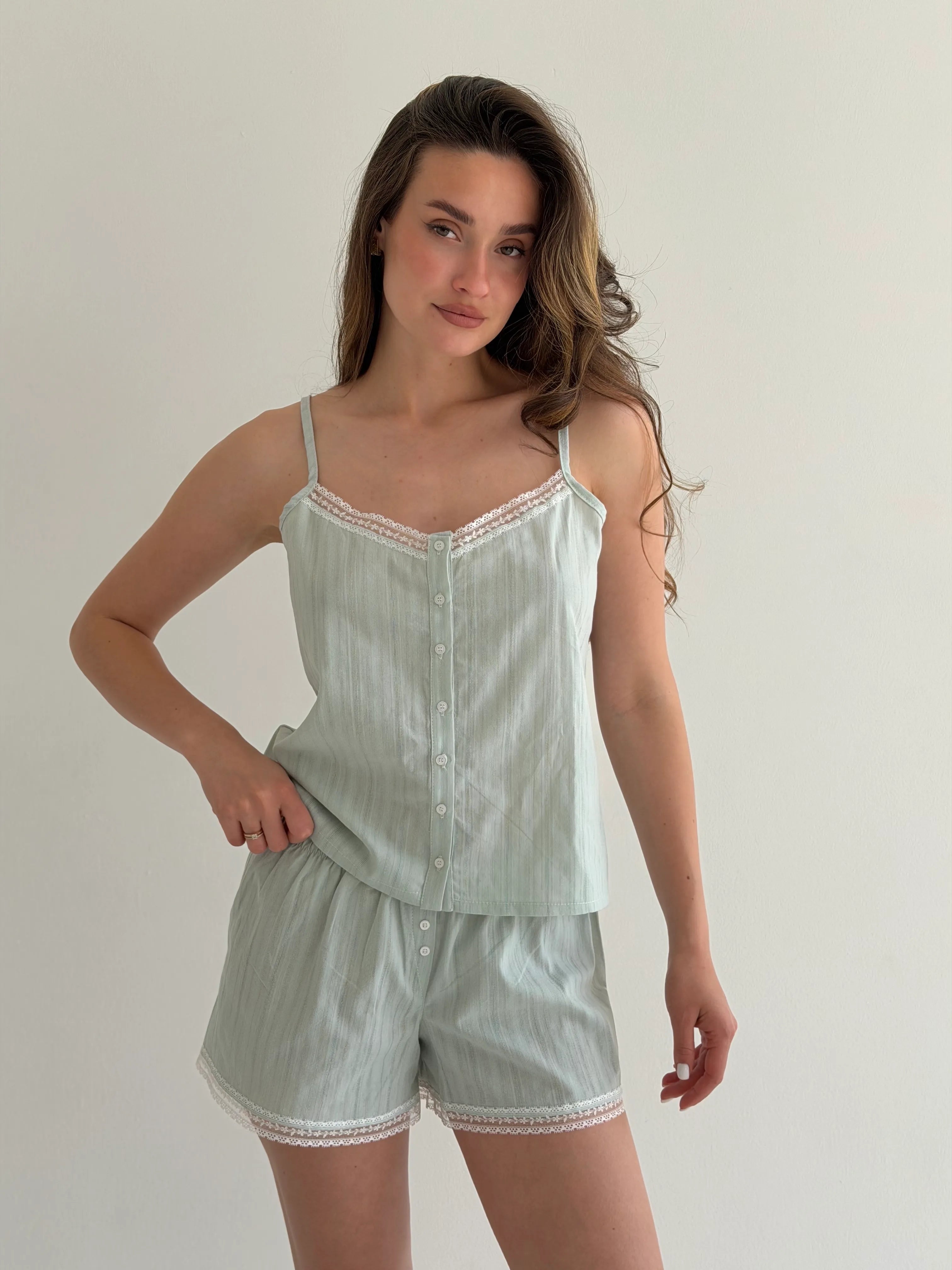 T-shirt and shorts suit with lace, cambric, small braid, olive
