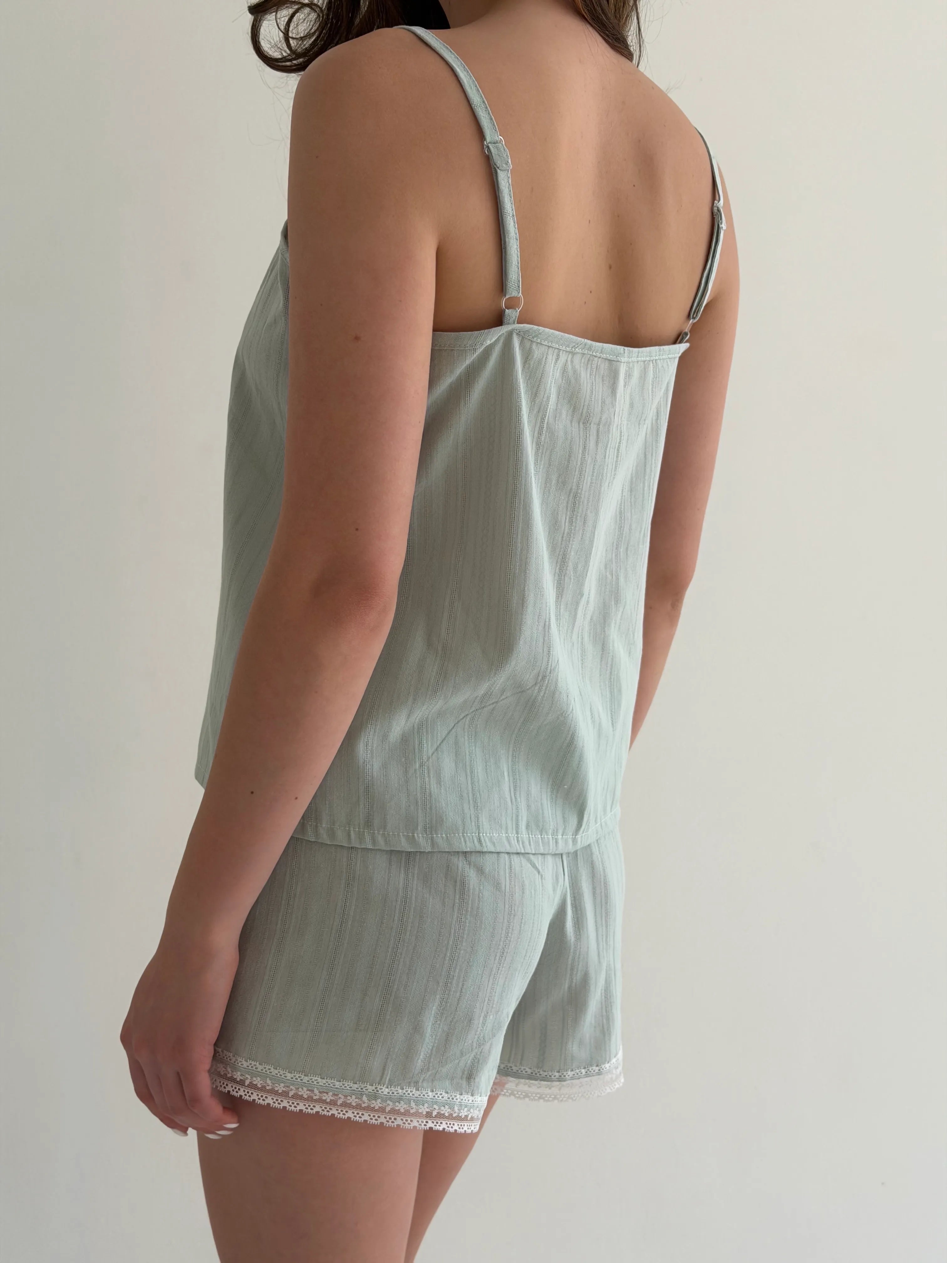 T-shirt and shorts suit with lace, cambric, small braid, olive