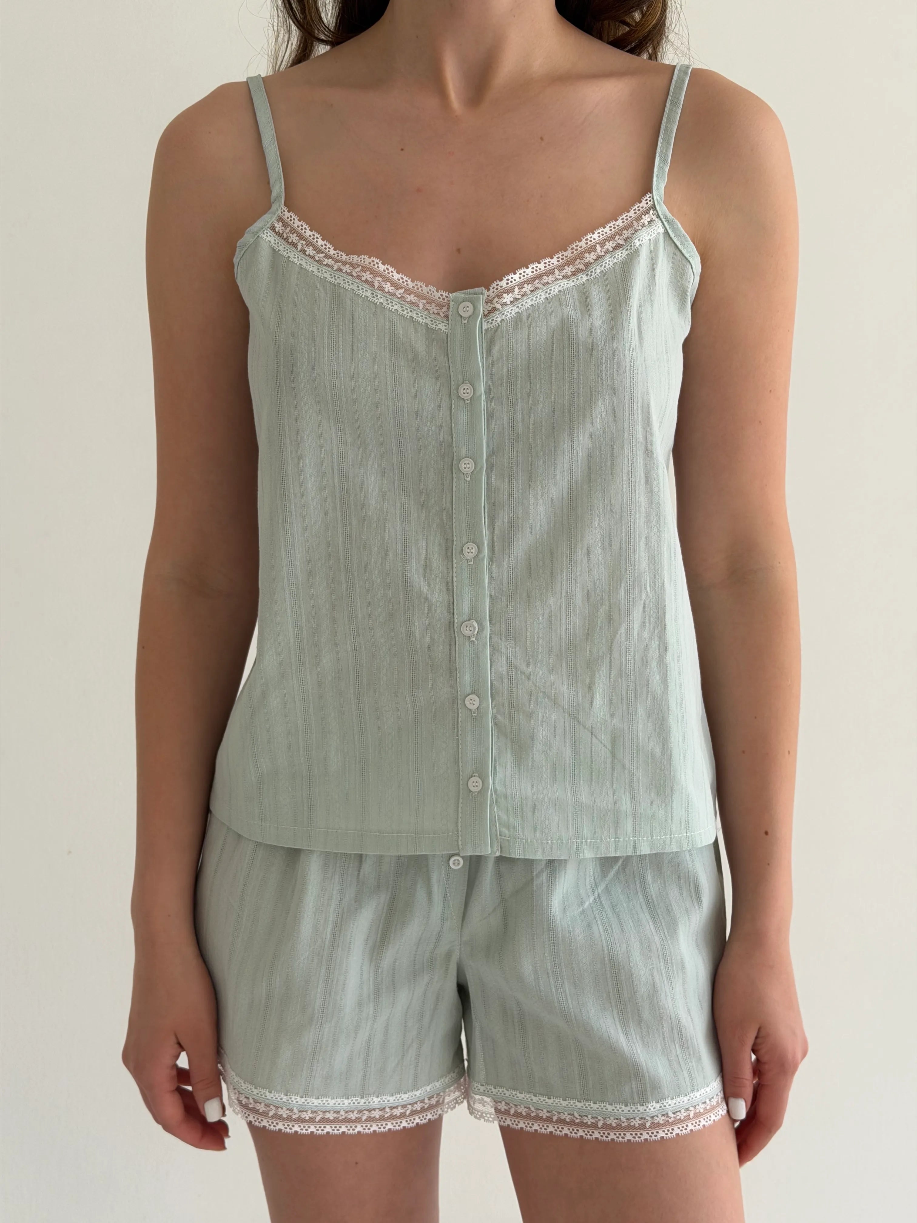 T-shirt and shorts suit with lace, cambric, small braid, olive