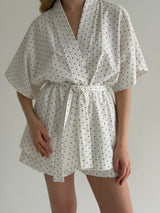 Kimono and shorts suit, boiled cotton, “black and white polka dots”