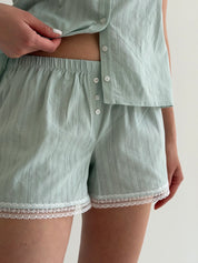 T-shirt and shorts suit with lace, cambric, small braid, olive