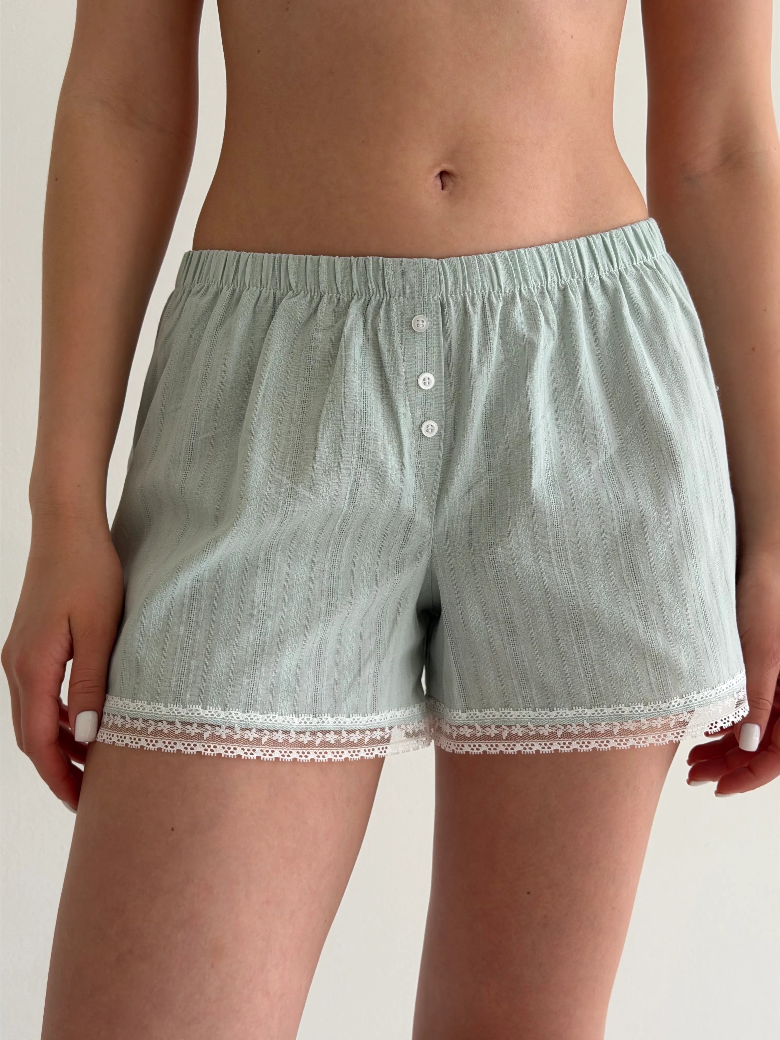 T-shirt and shorts suit with lace, cambric, small braid, olive