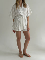 Kimono and shorts suit, boiled cotton, “black and white polka dots”
