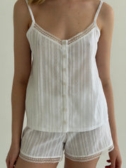 Suit T-shirt and shorts with lace cambric weaving large braid white