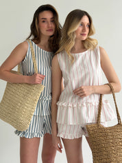 Cotton T-shirt and shorts suit “turquoise stripe on milk”