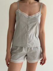 T-shirt and shorts suit with lace, cambric, small braid, gray