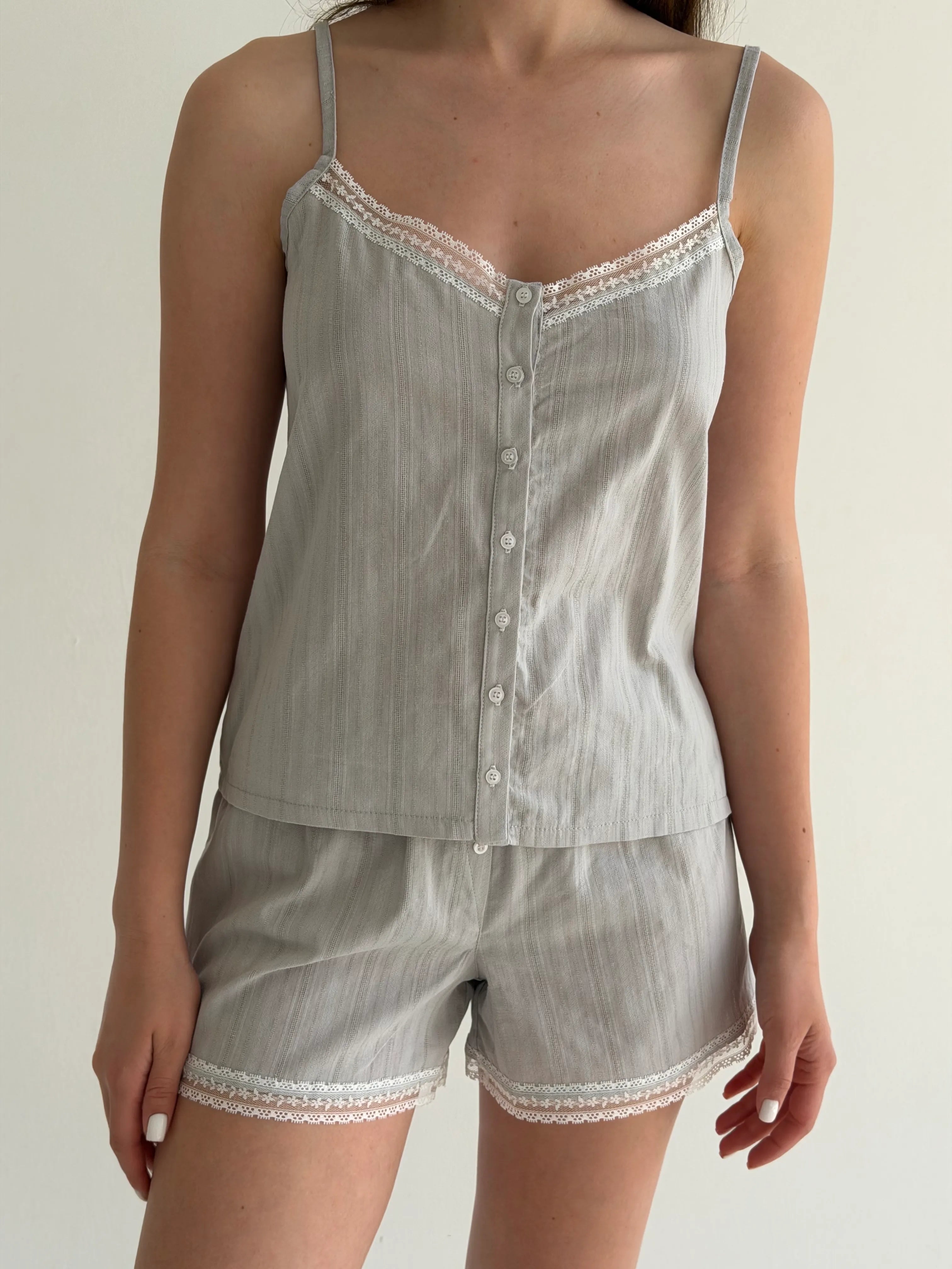 T-shirt and shorts suit with lace, cambric, small braid, gray