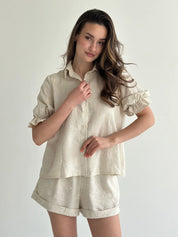 Beige linen embroidered blouse and shorts suit