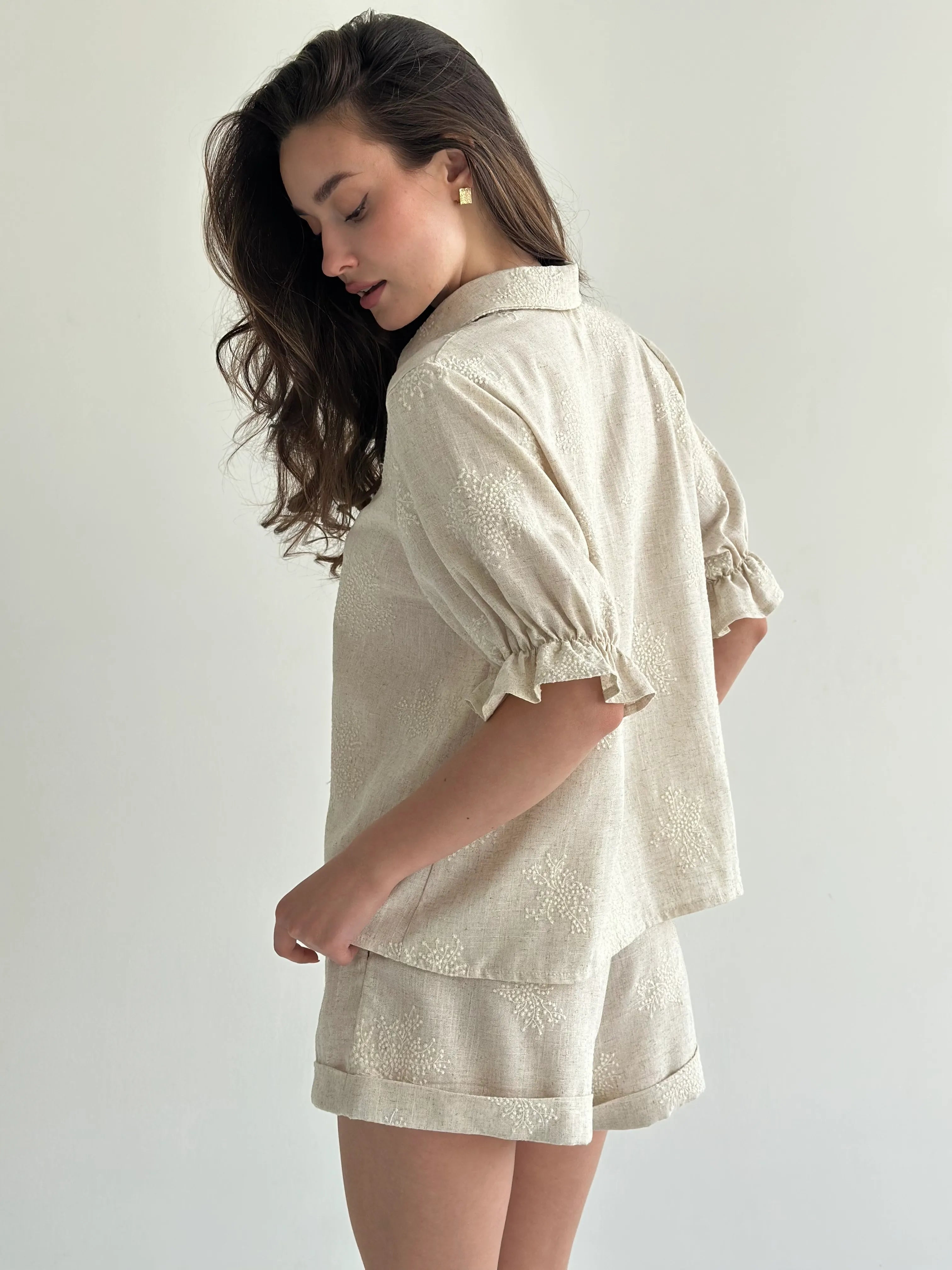 Beige linen embroidered blouse and shorts suit