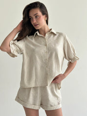 Beige linen embroidered blouse and shorts suit