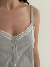 T-shirt and shorts suit with lace, cambric, small braid, gray
