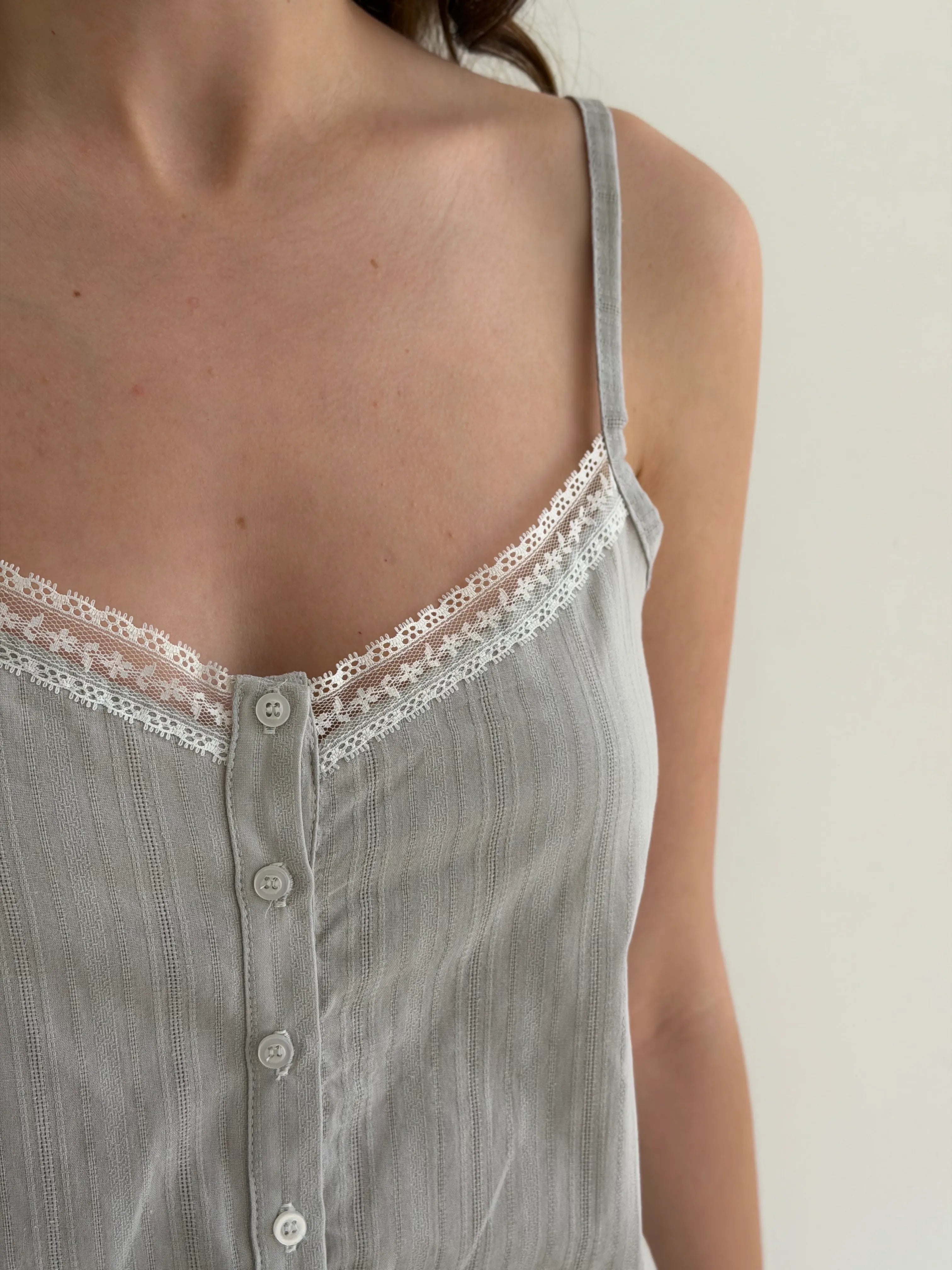 T-shirt and shorts suit with lace, cambric, small braid, gray