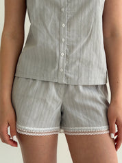 T-shirt and shorts suit with lace, cambric, small braid, gray