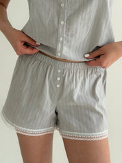 T-shirt and shorts suit with lace, cambric, small braid, gray