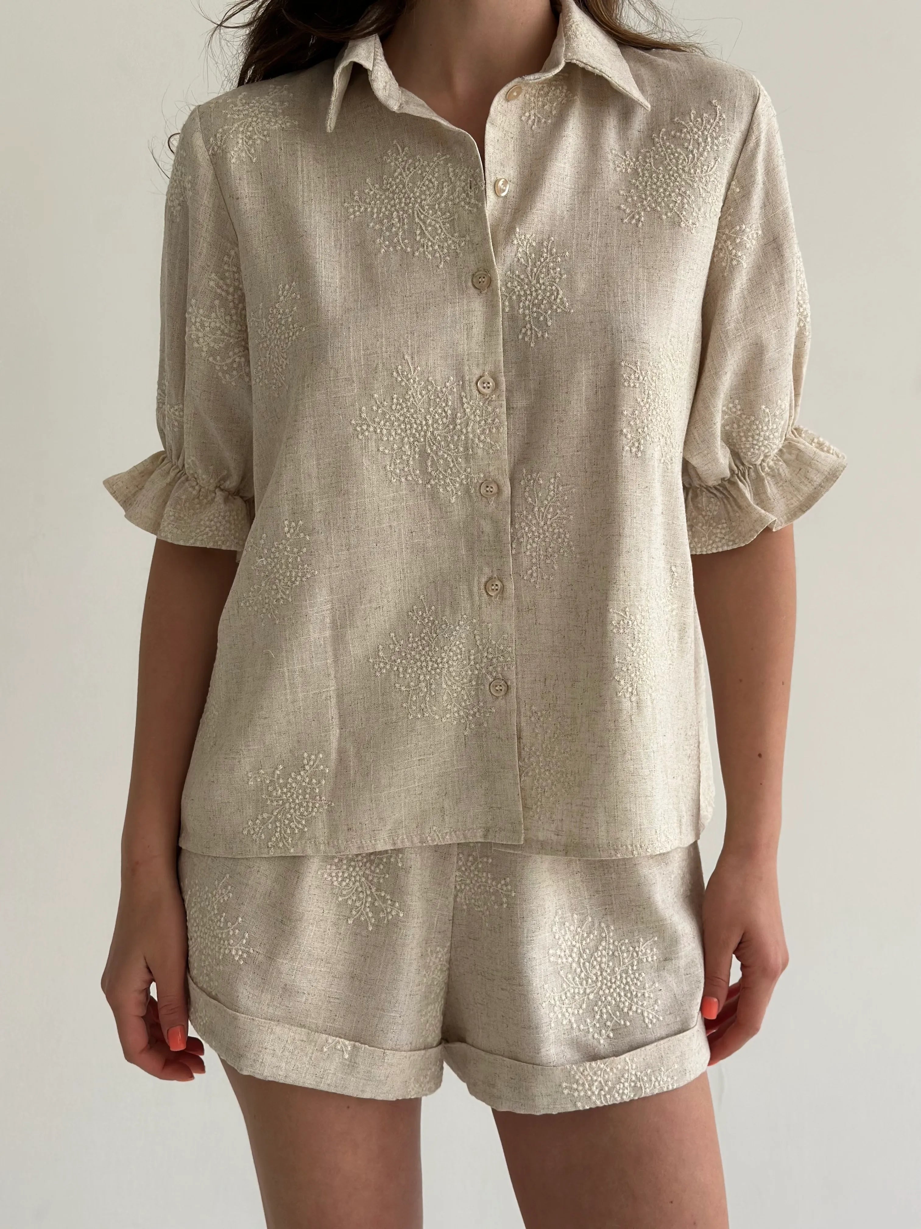 Beige linen embroidered blouse and shorts suit