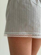 T-shirt and shorts suit with lace, cambric, small braid, gray