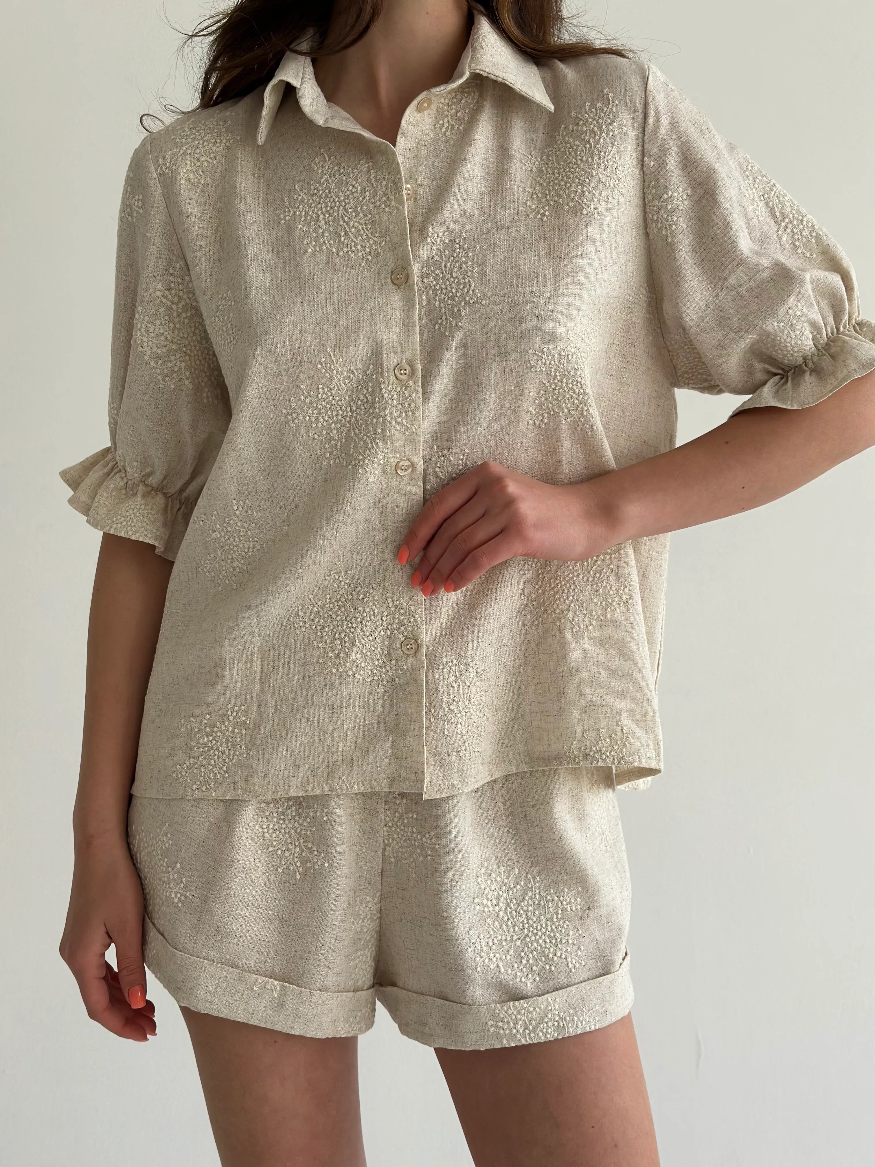 Beige linen embroidered blouse and shorts suit