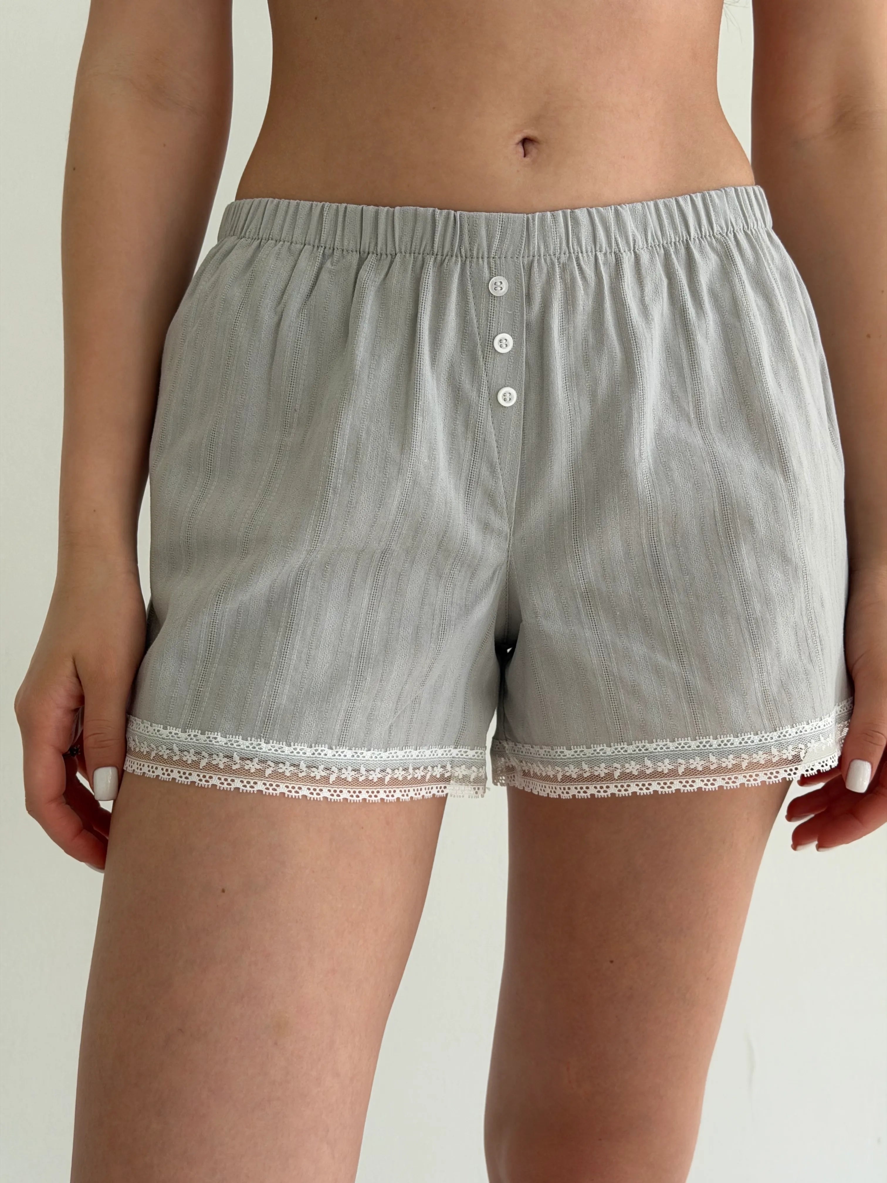 T-shirt and shorts suit with lace, cambric, small braid, gray