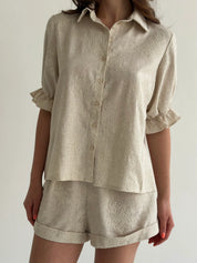 Beige linen embroidered blouse and shorts suit