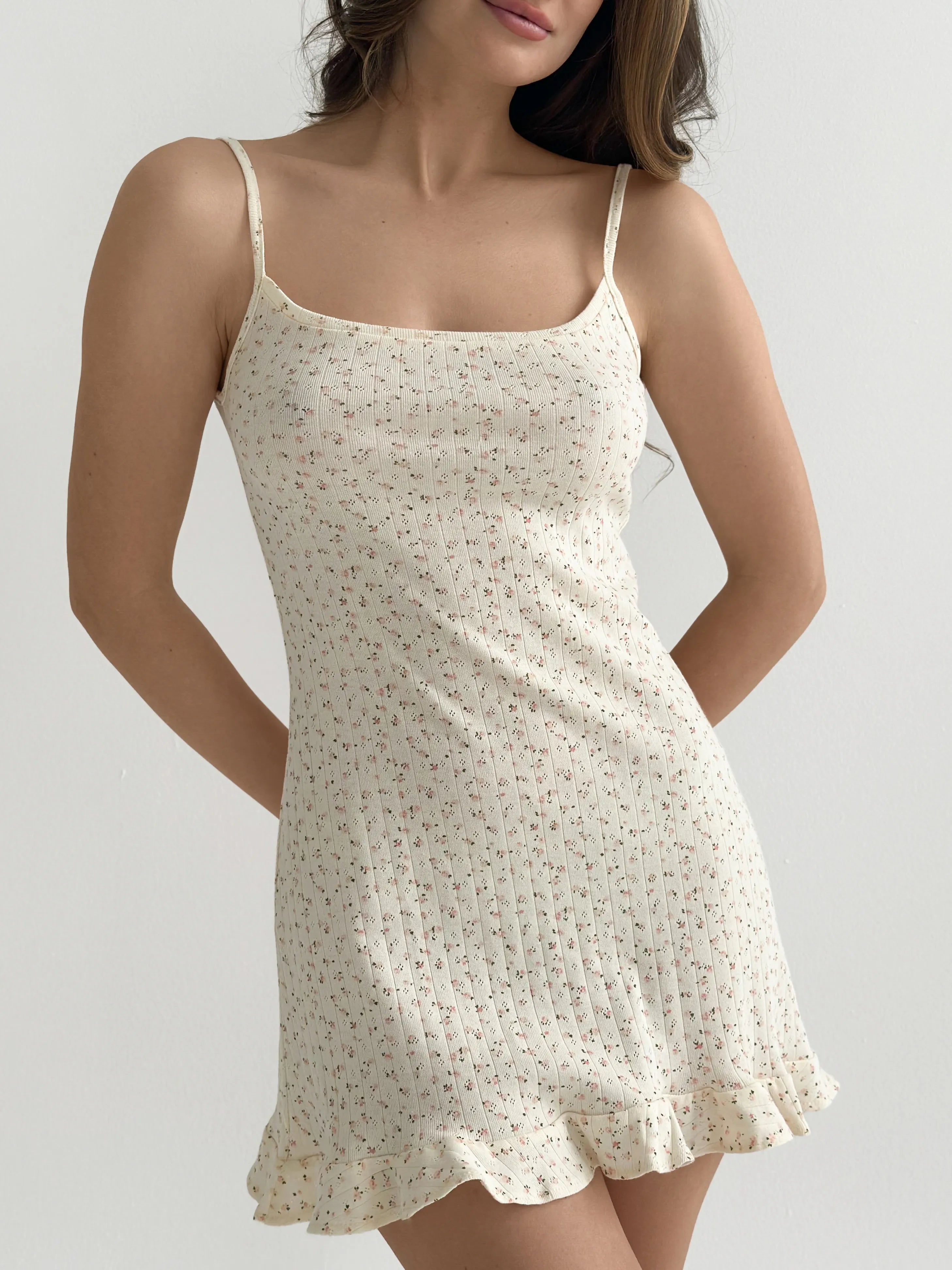 Ribbed sleep dress with ruffles pink flower