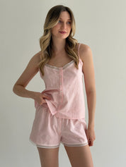 Pink lace camisole and shorts suit, jacquard