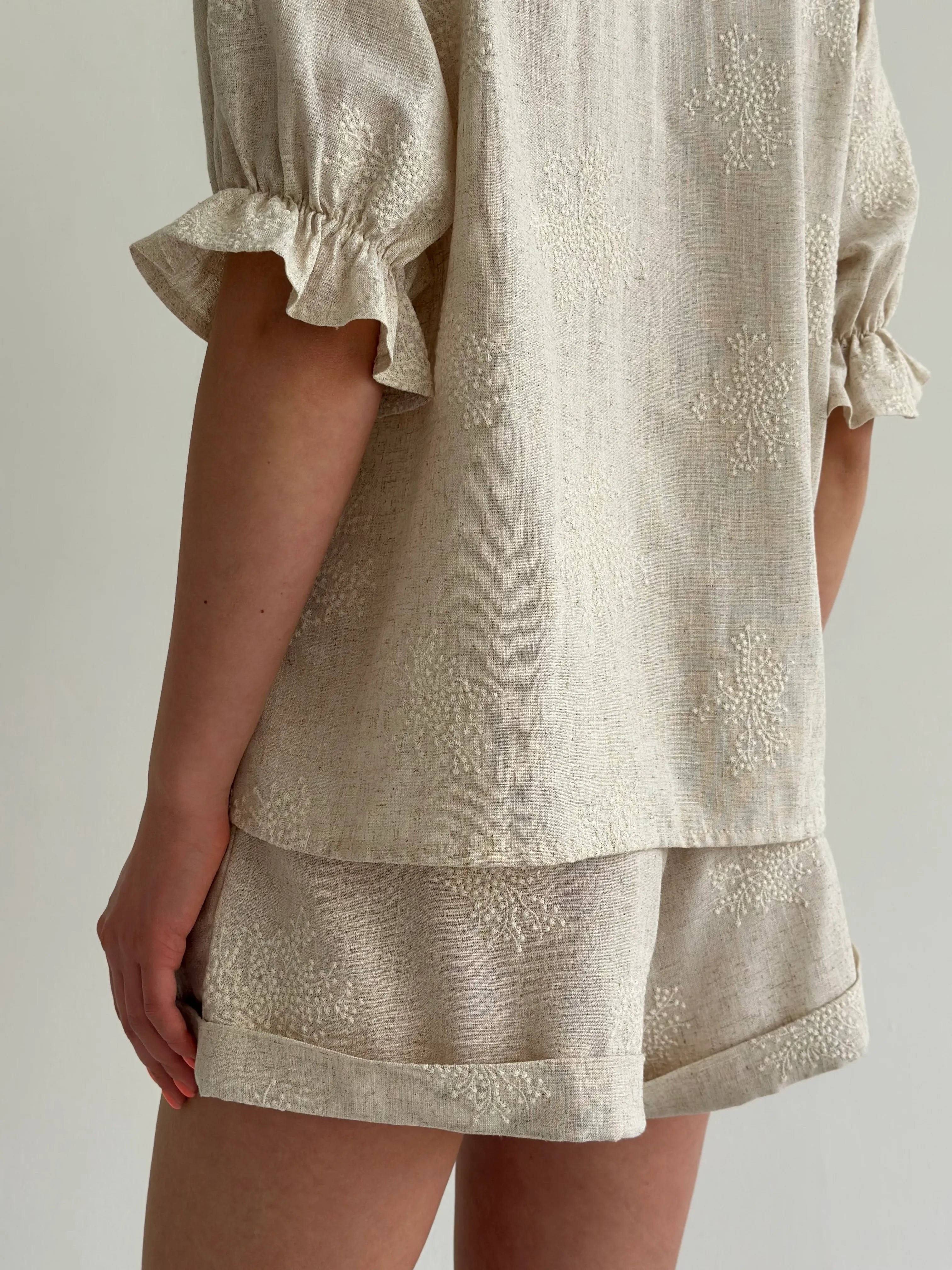 Beige linen embroidered blouse and shorts suit