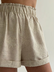 Beige linen embroidered blouse and shorts suit