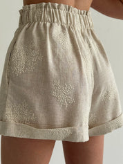 Beige linen embroidered blouse and shorts suit