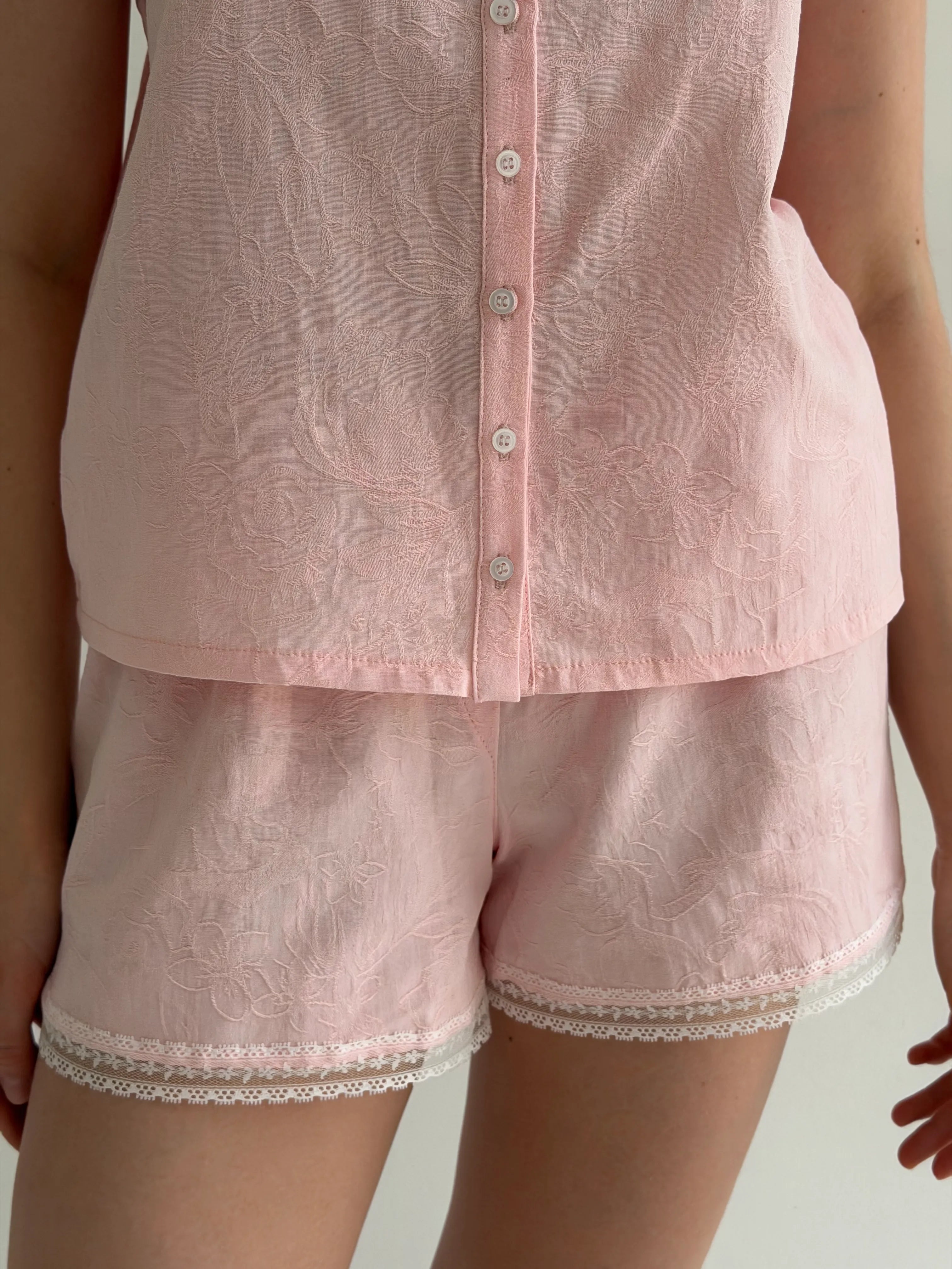 Pink lace camisole and shorts suit, jacquard