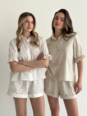 Beige linen embroidered blouse and shorts suit