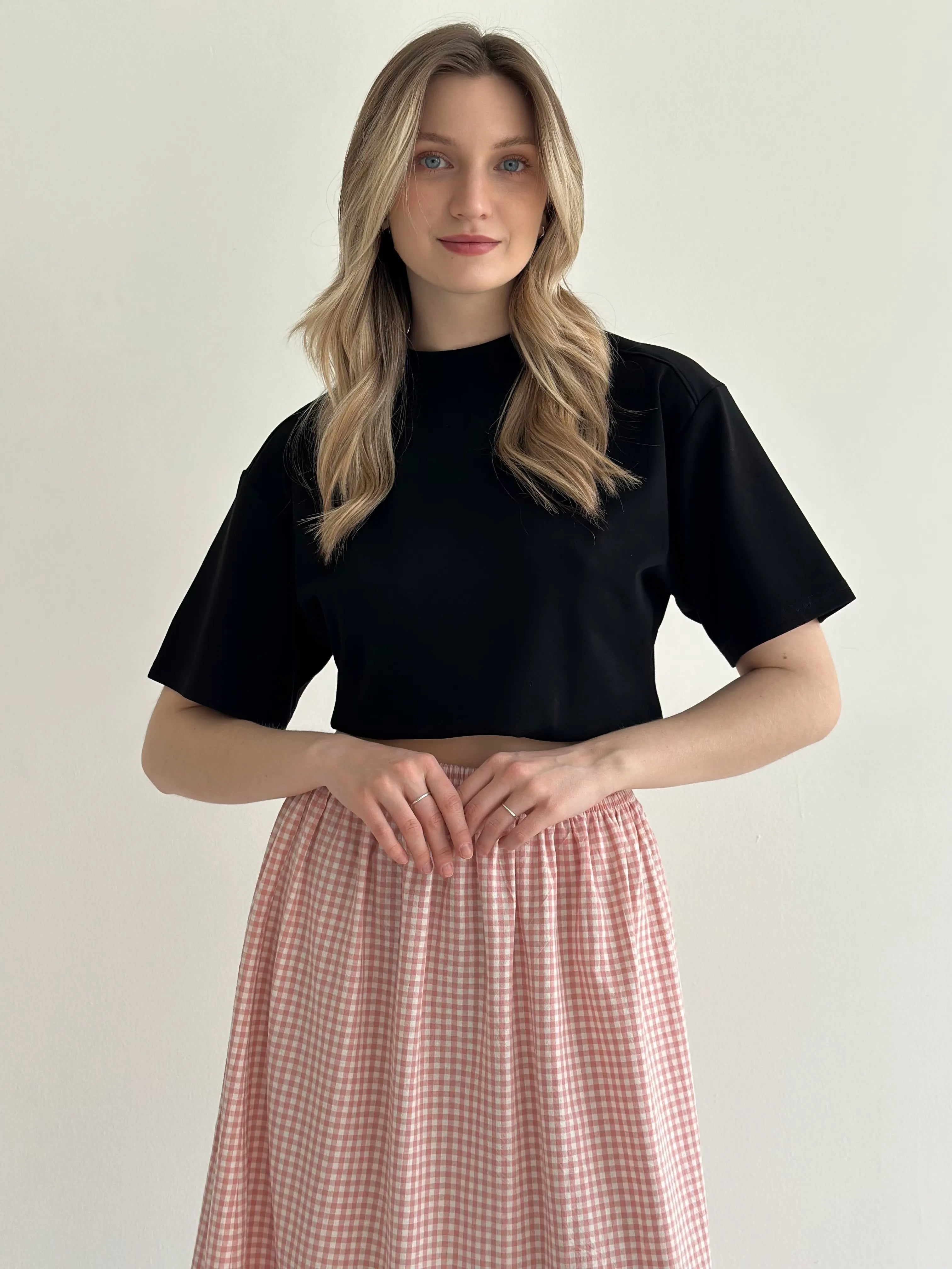 Long cotton checkered skirt with braid powder/milk