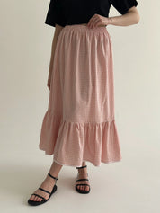 Long cotton checkered skirt with braid powder/milk